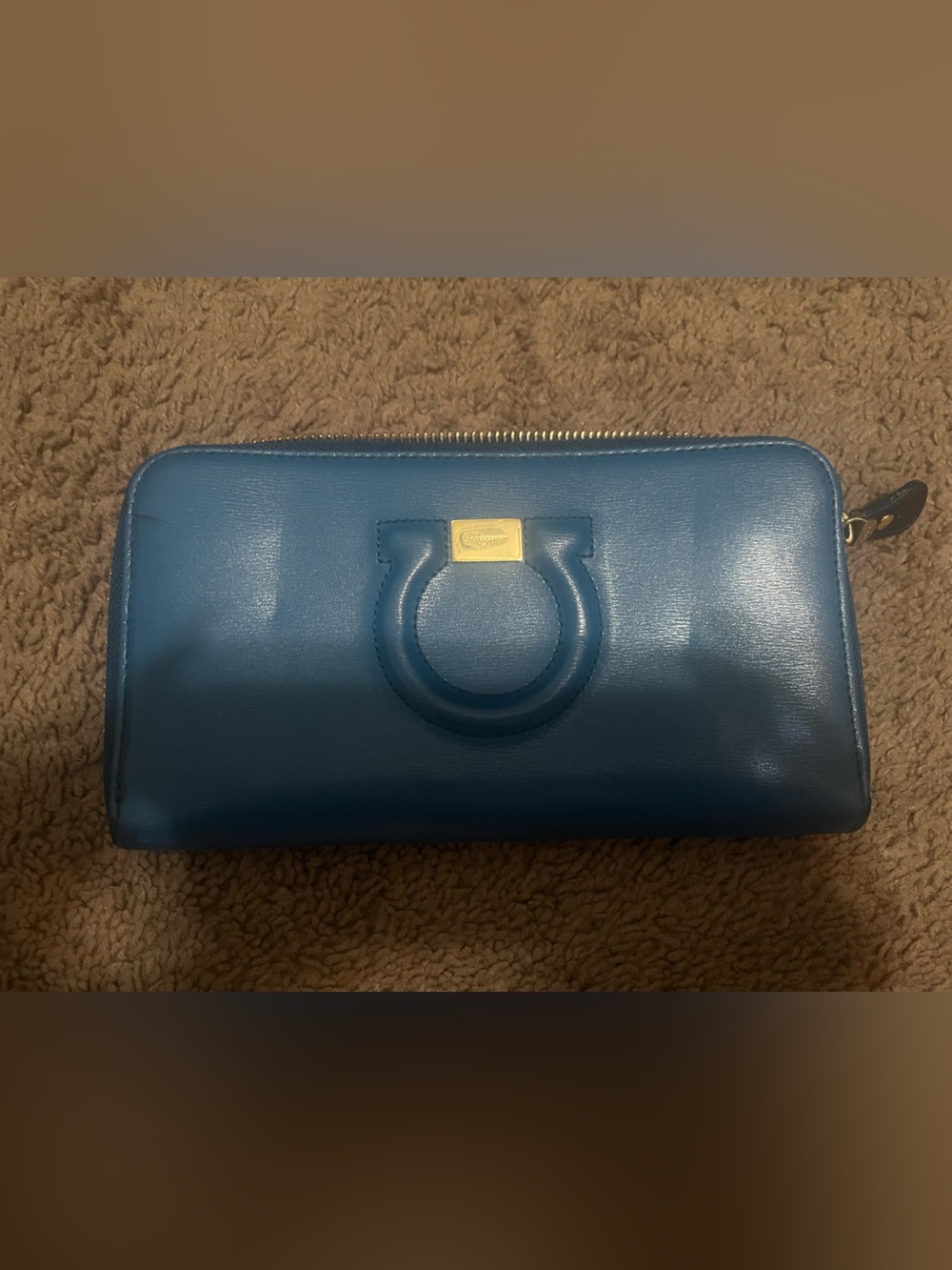 Salvatore Ferragamo Blue Leather Zip Wallet with Gold Accent